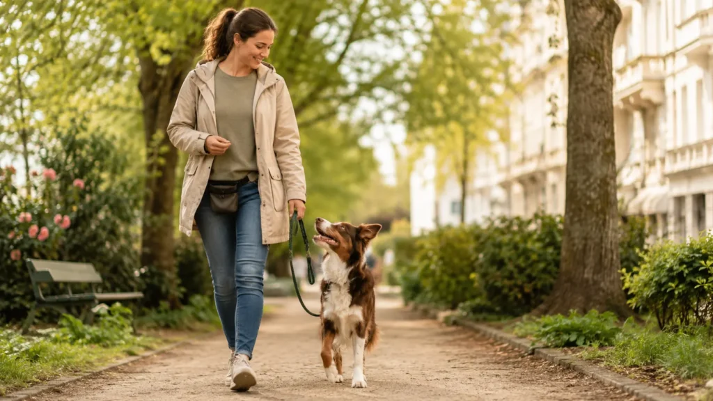 frau spaziert gluecklich mit ihrem hund der gut trainiert ist