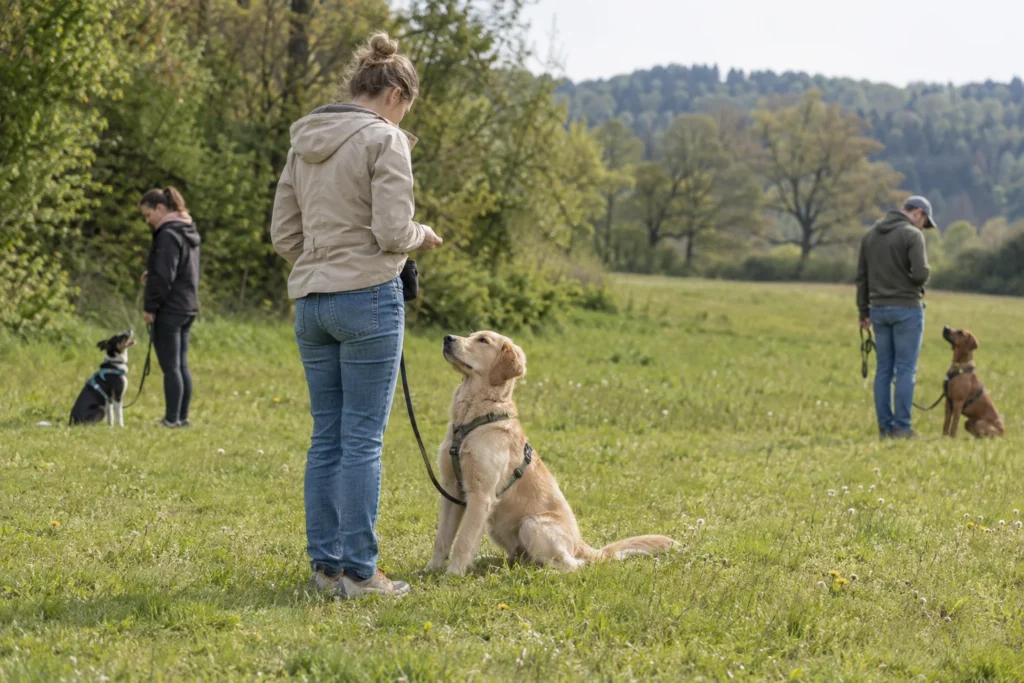 Junger Golden Retriever übt mit seiner Halterin Aufmerksamkeit; zwei weitere Mensch-Hund-Teams trainieren mit Abstand auf einer Wiese.