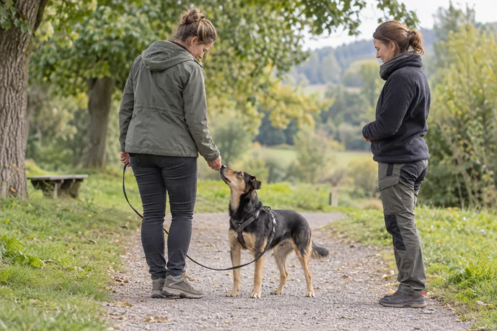 Halterin übt mit einem schwarz-braunen Hund an lockerer Leine, während eine zweite Person die Übung begleitet.
