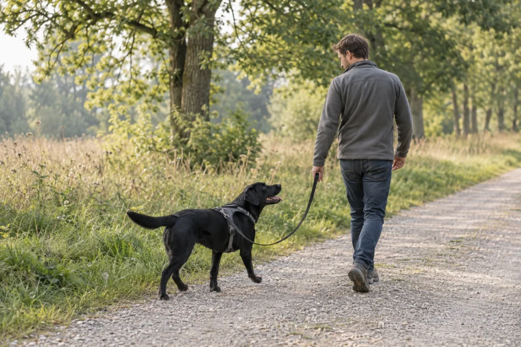Schwarzer Labrador läuft an lockerer Leine neben seinem Halter auf einem Weg am Wiesenrand.