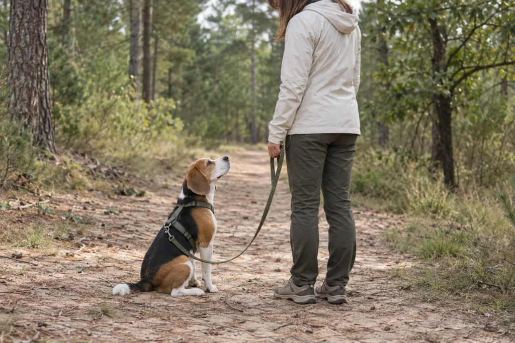 Dreifarbiger Beagle sitzt aufmerksam neben seiner Halterin auf einem sandigen Weg im lichten Wald.